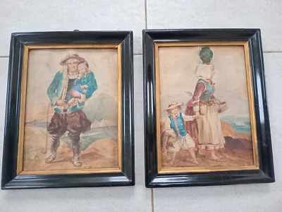 John Edwin Oldfield 1849 watercolor painting French peasant man woman with child - Image 1 of 4