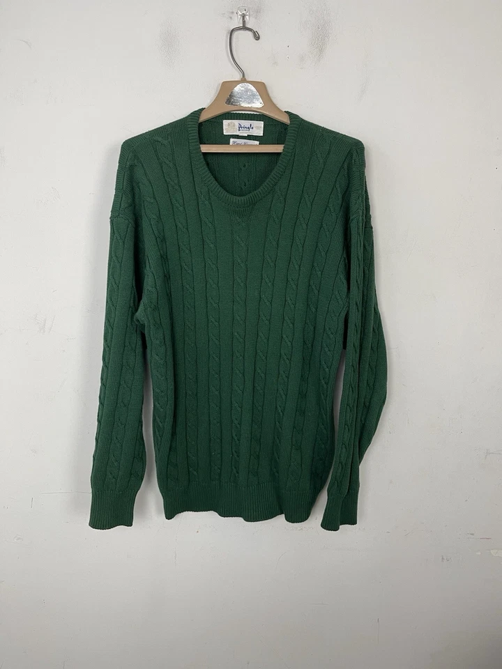 Pringle of Scotland Mens Sweater XL Green Cable Knit Fisherman Dad Hand Framed - Image 1 of 4