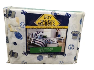 New Boy Zone Twin Sheet Set - 3-pc Blue White Sports Football Baseball Soccer - Picture 1 of 2