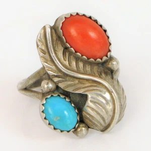 VTG BEAUTIFUL NATIVE AMERICAN STERLING SILVER BLUE TURQUOISE CORAL RING S8.5 - Picture 1 of 1