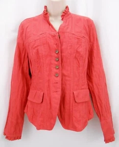 Nic + Zoe Red Crinkle Jacket Women Sz 12 Ruffle Collar Button Front Cotton Metal - Picture 1 of 12