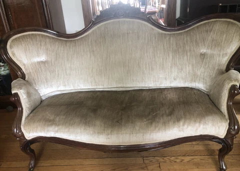 Late 1800s antique Victorian  settee couch sofa, Taupe Velvet , Walnut Ornate Cover