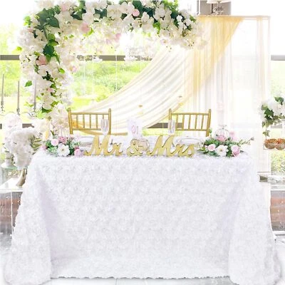 White Wedding Tablecloth 90 X 132 Inch Rosette Tablecloth 3d Flowers Satin Overl - Image 1 of 4