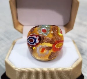 Boho Chunky style Abstract Flower Golden Yellow Hand Blown Glass Ring Size 8 - Picture 1 of 5