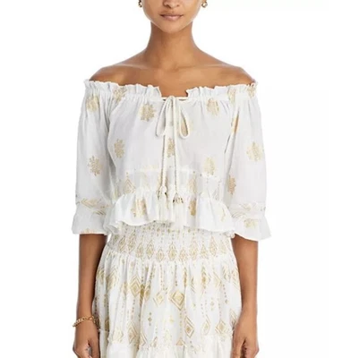 TOP AQUA FUERA DEL HOMBRO TALLA XS NUEVO CON ETIQUETAS ALGODÓN DORADO METÁLICO $68 BOHO INDIE VIBES Foto 1 de 4