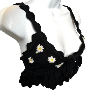 For Love & Lemons Daisy Knit Bra Size XS Black Yellow Floral Crop Top Bralette S - Image 1 of 4