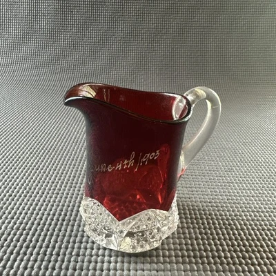 Antique 1903 Ruby Red Souvenir Cream Pitcher 4inches “Mary June 4th 1903” EUC - Image 1 of 4