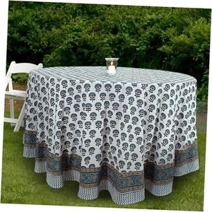 Handblock Print 72 Inches Round Cotton Tablecloth 72 Inch Round Beetle Green - Picture 1 of 8