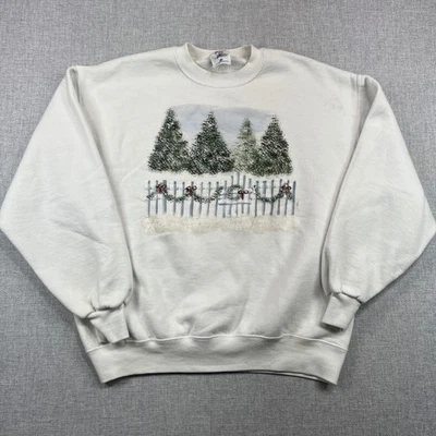 Sudadera Grande Vintage Años 90 Jerzees Árboles de Navidad Blanco Piquete Cerca Crew EE. UU. Foto 1 de 4