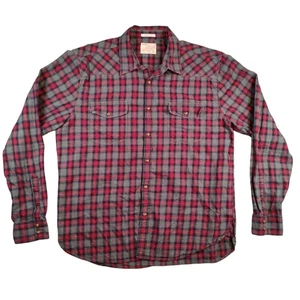 Lucky Brand Shirt Mens Large Red Gray Plaid Western Snap Button Classic Fit - Picture 1 of 9