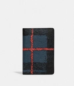NWT COACH Mens Card Slim Bifold Wallet In Plaid Navy Midnight Canvas Leather - Picture 1 of 1