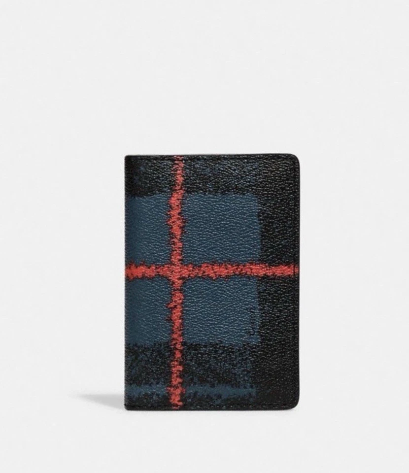 NWT COACH Mens Card Slim Bifold Wallet In Plaid Navy Midnight Canvas Leather - Image 1 of 1