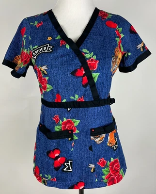 KOI Stretch S/S  'Luna' Stretch Cotton Scrub Top in 'Tiger Denim'  - XS, Blue - Image 1 of 4