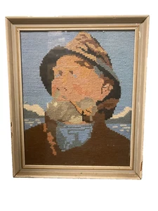 Dänisch handgefertigt Kreuzstich Nadelstich Fischer Kunstwerk W25 cm L30 gerahmt - Bild 1 von 10
