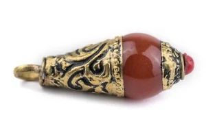 Carnelian Brass Capped Locket Pendant 28x10mm Nepal Multicolor Stone Large Hole - Picture 1 of 1