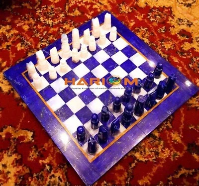 12" Lapis Stone Inlaid Stone Game Playing Chess Table SET Indoor Game Table Top - Image 1 of 4