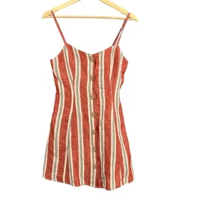 Urban Outfitters Mini Dress Linen Cotton Red Stripe Button Front Strappy Back XS - Picture 1 of 6