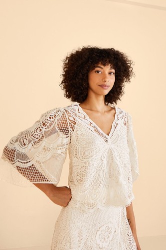 OFF WHITE FARM RIO Camicia bianca sporca Guipire farfalla pizzo OP $140 Piccola