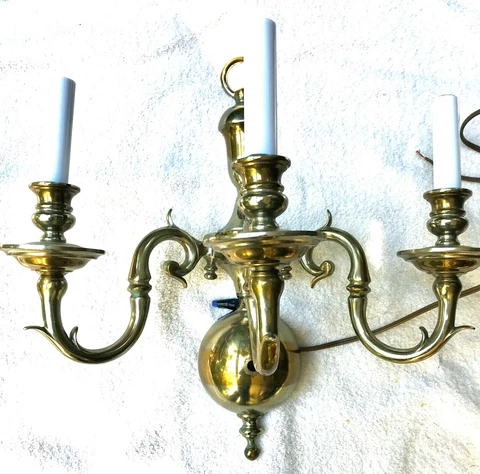VINTAGE PAIR 3-ARM WHITE BRASS WALL SCONCES NEW WIRING- HEAVY, 17" TALL Cover