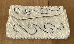 Beaded Clutch Purse Vtg Evening Bag White Cream Snap  6" x 4" Retro Mod Japan - Picture 1 of 9