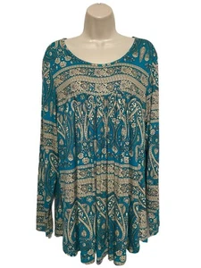 Longyuan XL Tunika Oberteil türkis gold Blumen Paisley Plissee Langarm Babydoll - Bild 1 von 11