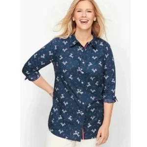 Talbots Christmas Westie Dog Blouse Womens Medium Blue Cotton Collared Shirt - Picture 1 of 8