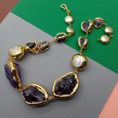 Collar hecho a mano de perlas blancas crudas ásperas amatista piedra púrpura natural de 20" Foto 1 de 4
