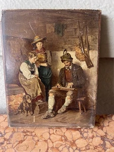 Antike bayrische rustikale Genre Öl Transfer auf Holz Münchner Volksszene um 1900 - Bild 1 von 8