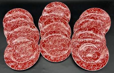 Crate & Barrel Holiday Plates Set of 12 – Red & White Ceramic Christmas Script - Image 1 of 4