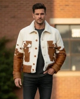 Genuine Hair-On Cowhide Leather Jacket Men Western Rodeo Cowboy Biker Fur Coat - Image 1 of 4