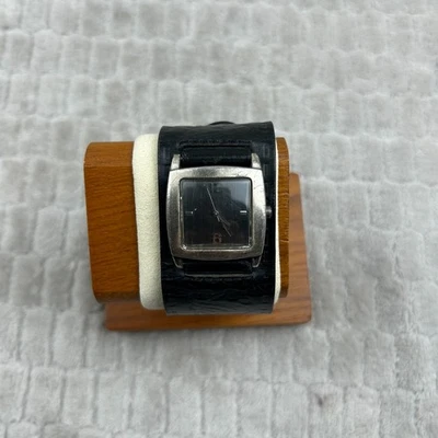 GUESS Tank Watch Men Silver Tone Wide Black Leather Cuff Band NEW BATTERY - Image 1 of 4