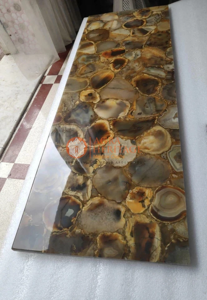 Agate Stones Coffee, Dinning Table Top Handmade Art Collectible Countertop Decor - Image 1 of 1