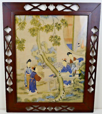 Collectible Vintage Chinese Watercolor on Silk Ornate Wooden Frame Art Gift