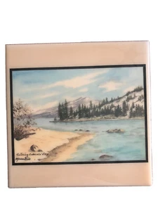 8 x 8 Lake Tahoe Signed Painted Tile Miriam Biro - Picture 1 of 4