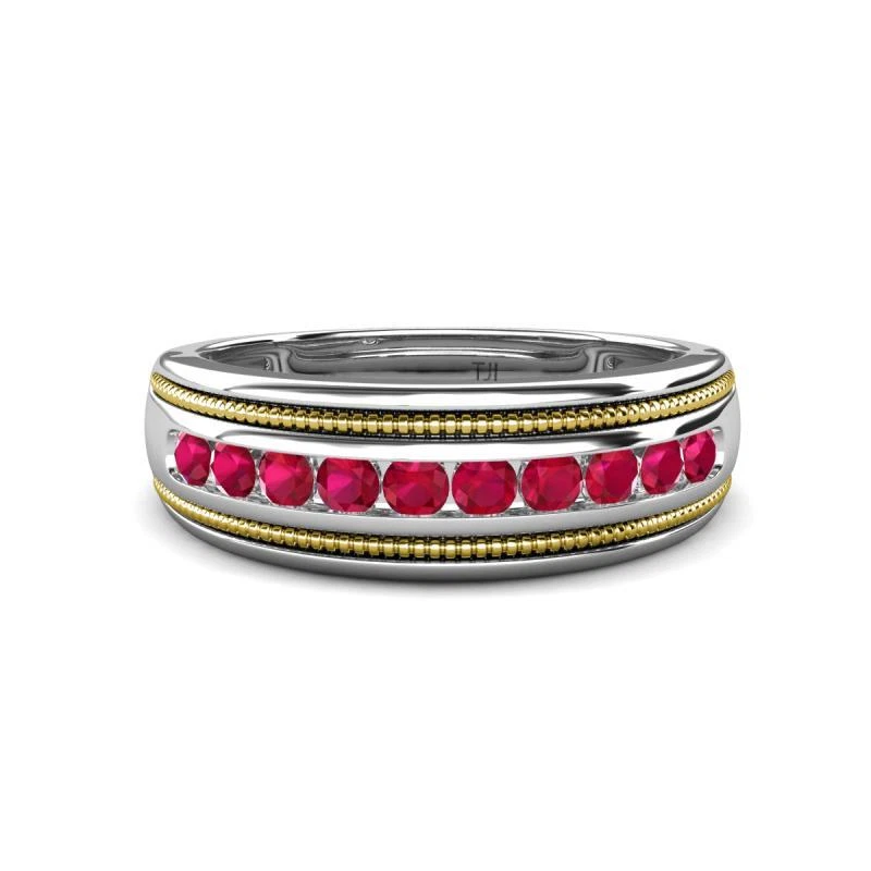Round Ruby 2 Toned & High Polished Edges Men Wedding Band 14K Gold JP:322837 - Image 1 of 1
