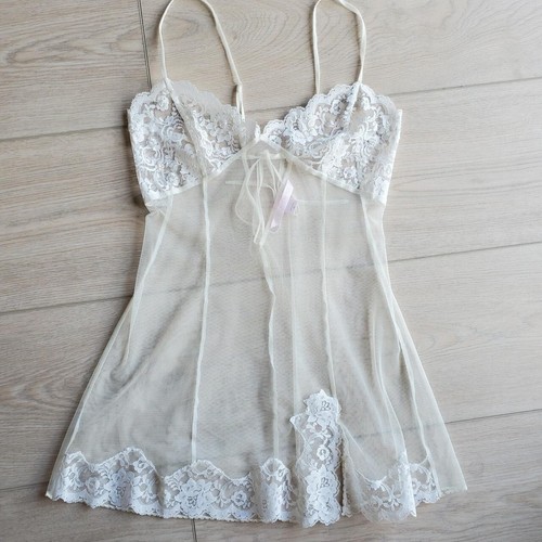 UNDERCOVER Victoria's Secret Mini Abito Slip Vintage Bianco Pizzo Trasparente Chemise Medium