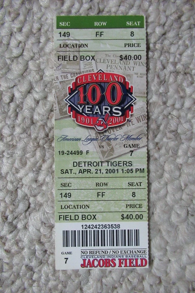 CLEVELAND INDIANS VS TIGERS 4/21/2001 FULL TICKET ~ JIM THOME (WALKOFF HR) - Image 1 of 1