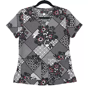 KOI Basics Womens XS Leslie Scrub Top Black White Red Floral Print Sheer 384PR - Picture 1 of 12