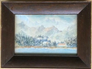 Acuarela antigua en panel paisaje de montañas y lagos de los Alpes - marco 10x13 - Imagen 1 de 10