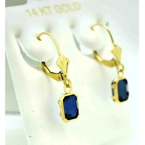 Genuine 1.82 Cts Blue Sapphires Dangling Earrings 14k Gold - Picture 1 of 3