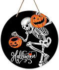 Halloween Skeleton Sign for Front Door Decor, Jack O Lantern Pumpkin Skull Wood 