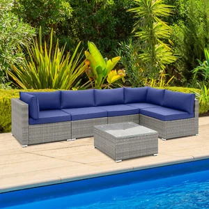 Patio 6 PCS Conversation Sofa Set Outdoor Rattan Furniture Cushioned Seat Navy - Picture 1 of 6