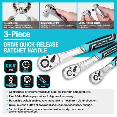 DURATECH 3 Pcs Drive Ratchet 1/4" 3/8"1/2" 90-Tooth Quick-release Ratchet Wrench - Image 1 of 4