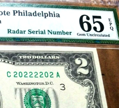 FANCY BINARY RADAR # 20222202 $2 PMG 65 EPQ (( 2's on a $2 )) series 1976 - Image 1 of 3