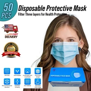 50 STCK. Einweg-Gesichtsmaske nicht medizinisch chirurgisch 3-lagig Ohrschlaufe blaue Masken - Bild 1 von 10