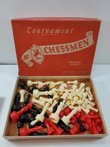 Vintage E.S. Lowe Tournament Plastic Chessmen Staunton Pattern #807 Red/White/bl - Picture 1 of 24