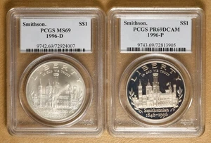 1996 P Smithsonian Commemorative Silver Dollars PCGS PR69DCAM & MS69 - Picture 1 of 2