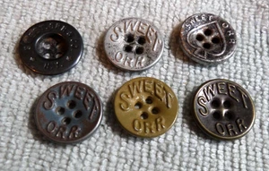 6 Vintage Antique Metal Celluloid Overall Work Buttons SWEET ORR RAILROAD - Picture 1 of 5