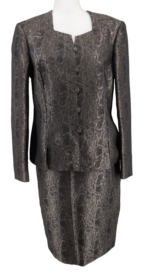 John Meyer Suit Women Size 16 Beaded Sequin Jacket Skirt Brown Animal Career New - Image 1 of 4