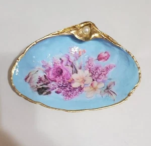 Muschel Decoupage handbemalt Blattgold, zartrosa hübsche Rosen & Perlen - Bild 1 von 4